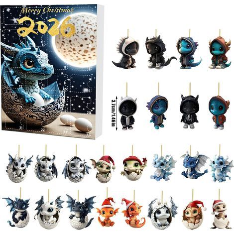 Weihnachts-Adventskalender, Überraschungsbox, dekorativer Acryl-Anhänger mit Drachenmotiv, 24 Fächer, weihnachtliches Überraschungsgeschenk, 2D-Design (1/2)