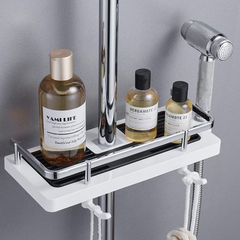 étagère Douche Porte Savon Douche Salle De Bain Rangement Douche sans Percage avec Porte Savon Douche, Crochets et Porte Serviette Murale Antirouille Auto-adhésif Support Blanc Lot de (1/5)