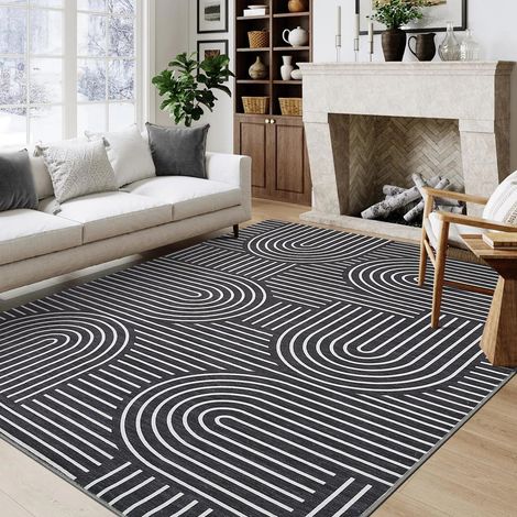Tapis de salon lavable 200x290 cm, Tapis de chambre moderne et neutre de grande taille, Tapis doux résistant aux taches pour salle à manger et bureau, Noir (1/5)