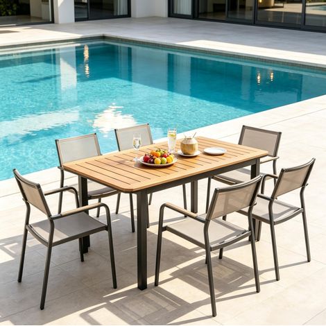 Mesa de jardín 127 x 70 x 75 cm, tablero efecto madera, estructura metálica, marrón HAVRYA (1/4)