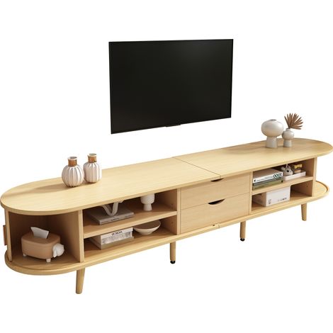 TV-Lowboard mit 2 Schubladen, 2 Schiebetüren und Verstellbaren Trennwänden, aus MDF, Eiche Hell, 175×40×42 cm (1/5)