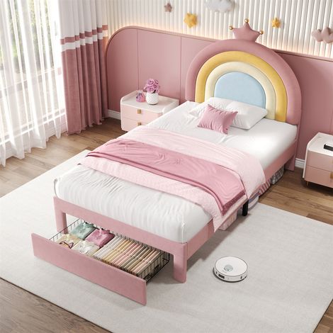 3ft Pink Velvet Upholstered Bed with Rainbow Headboard & Storage Drawer - Adjustable Crown Design, Wood Slats, No Box Spring Needed, 90x190cm (1/5)