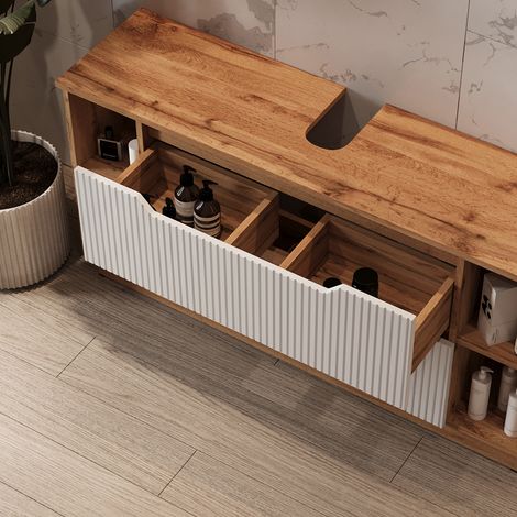 Mueble bajo lavabo Lotta, Roble/rayas blancas, 119.2 x 62.5 cm con 2 cajones, Vicco (1/5)
