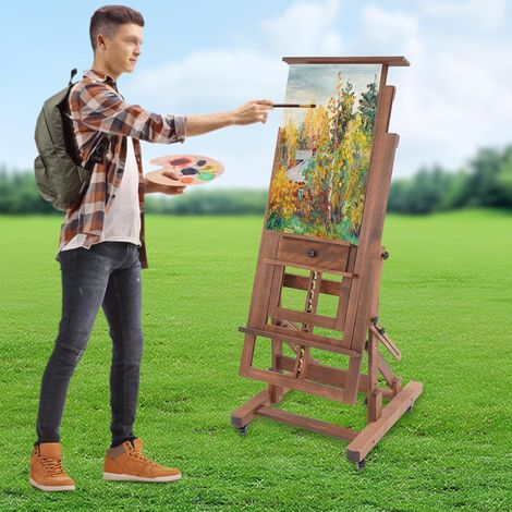 Studio Easel for Painting Solid Wood Professional Artist Easel with Wheels Painting Art Stand, 140-300cm Height Adjustment Range, Horizontal and Vertical (1/5)