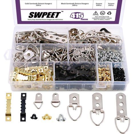 Kit surtido de 160 piezas para colgar cuadros con tornillos, colgadores y soluciones variadas para colgar cuadros en caja transparente – 7 diseños (1/5)