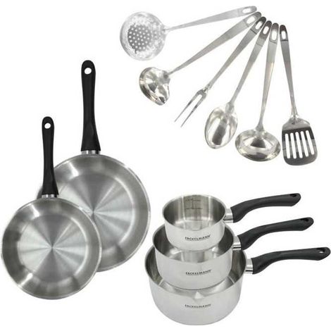 Batteria da cucina - Adatta a tutti i fuochi, compresa l'induzione - FACKELMANN - Ginevra - Inox - 2 padelle 20 e 24, 3 pentole e 6 utensili (1/3)