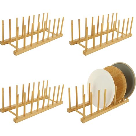 4 Pièces Egouttoir Vaisselle Bois, Porte Assiette en Bambou 8 Compartiments pour Assiettes, Couvercles, Planches à Découper, Bols, Cuisine et Placard (1/5)