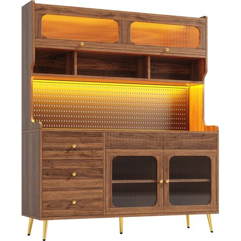 ELVMI Credenza Alta con 1 Anta a Ribalta, 1 Cassetto e LED, Vetro Cannelato, per Cucina e Soggiorno, Noce (1/5)
