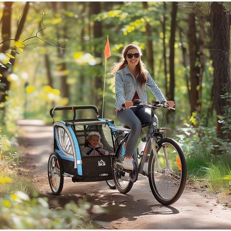 remorque vélo enfant 142x75x101 cm bleue – sécurité 5 points, sans matelas (1/5)