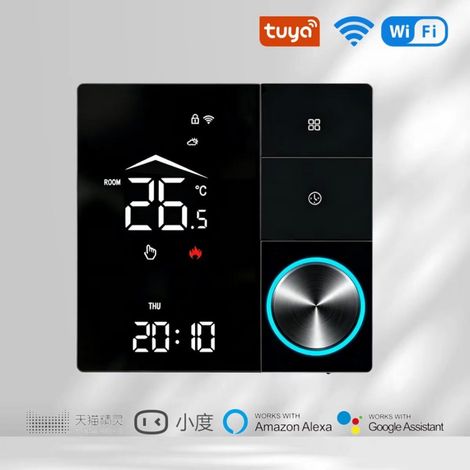 Thermostat plancher chauffant WiFi Tuya 16A Écran tactile Bouton rotatif Noir Boîtier ignifuge