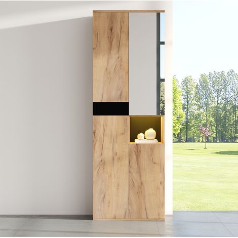 Armoire haute 65x35x190 cm noir et naturel en panneaux de particules avec miroir, 4 portes et niche ouverte (1/5)