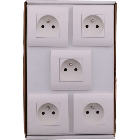 Centrale Brico – Lot de 5 prises avec terre pour chantier – Plastique blanc – Sécurité enfant – Fixation à vis et griffes – Tension 250V