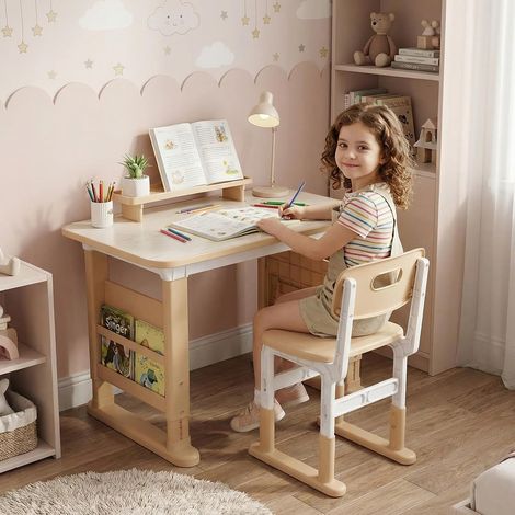 Scrivania per bambini regolabile in altezza con set di sedie, tavolo graffiti da 3 a 12 anni, scrivania per bambini con libreria laterale e cassetta portaoggetti Giallo (1/5)