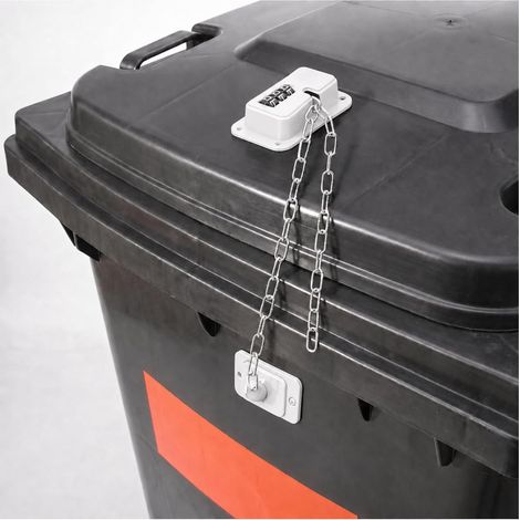 Mülltonnenschloss Verrou de Poubelle - Serrure pour Poubelle 60–1100L, Serrure sans perçage avec Colle Haute Performance et chaîne métallique réglable allongée, résistant à l'abrasion (1/5)