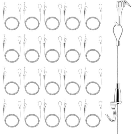 Accroche Tableau, Kit Accrochage de Cadre Photo 20 Pièces avec Crochets Cable Métallique de 2 m x 1,5 mm et Crochets Réglables Cimaise pour Tableau pour Accrocher Peintures Miroir (1/5)