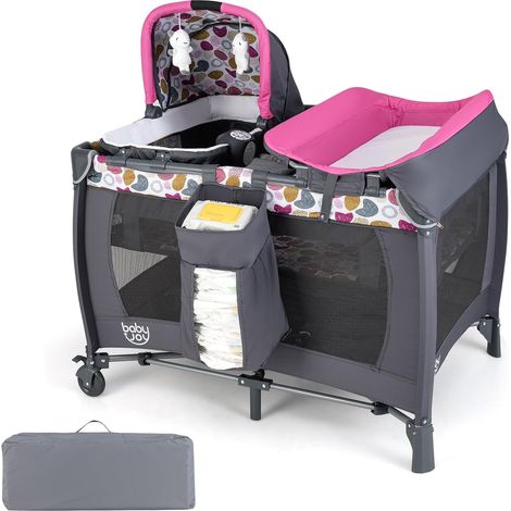 COSTWAY 5 in 1 Lettino da Campeggio Bambini, con Fasciatoio Materasso, Box Portatile con Culla a Dondolo, Barra Giochi, Scatola Musicale e Borsa da Viaggio, per Bambini 0-36 Mesi (Rosa Scura) (1/5)