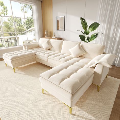 Canapé d'angle 4 places, design modulable, coussins en mousse double couche, 2 coussins, pieds en métal doré, chenille, beige (1/5)
