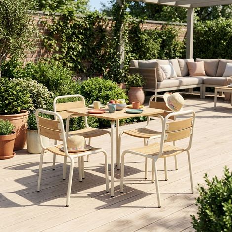 Table de jardin enfant acier et décor bois + 4 assises beige - Suzie