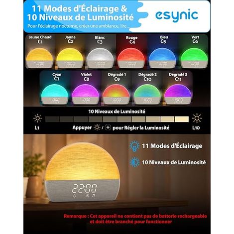 Réveil Lumineux Simulateur d'Aube Réveil Endormissement Sonneries Luminosité Volume Snooze Minuteur Mémoire Machine à Bruit Blanc Sons Apaisants Mode d'Éclairage (1/3)