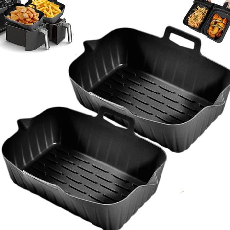 Cestas de silicona para freidora de aire - Paquete de 2 bandejas rectangulares para hornear de 22x16x6cm - Antiadherentes, reutilizables, sin BPA (1/5)