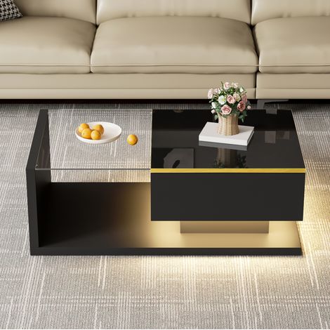 Table basse 90x50x32,5 cm noire en panneau de particules avec plateau en verre et éclairage LED (1/5)