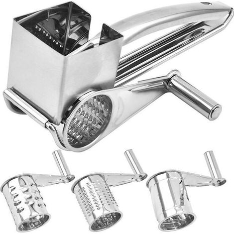 Râpe à fromage rotative - Râpe de cuisine à manivelle - Avec poignée et lame à rouleau 3 lames en acier inoxydable (argent) (1/4)