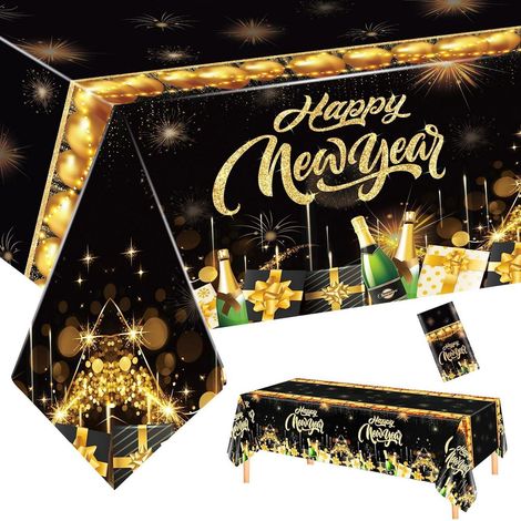 Nappe de table du Nouvel An 137x274cm Noir-Or, Décoration Happy New Year, PVC, imperméable