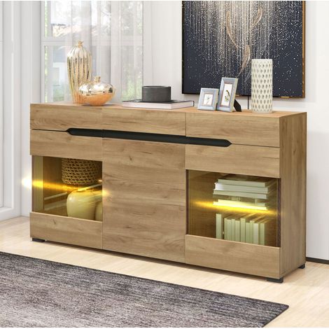 Madia LED 140 x 35 x 80 cm effetto rovere con ante in acrilico HAVRYA (1/5)