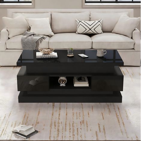 Table basse relevable 100x50x40 cm, éclairage LED, 2 tiroirs, rangement dissimulé, panneau de particules noir (1/5)