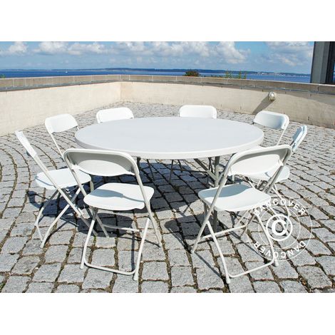 Round folding table 154 cm Ø + 8 chairs, Light grey/White - Dancover