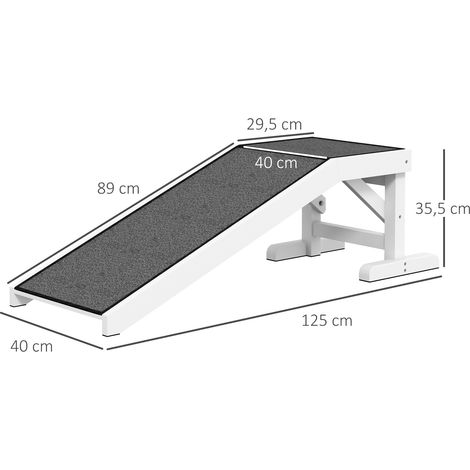 Rampe pour chien avec tapis antidérapant, échelle animale pour chien jusqu'à 30 kg, bois de pin, polyester, blanc et gris, 125 x 40 x 35,5 cm (1/5)