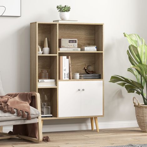 Bibliothèque scandinave meuble de rangement dim. 80L x 23,5l x 123H cm 5 niches placard 2 portes pieds effilés inclinés (1/5)