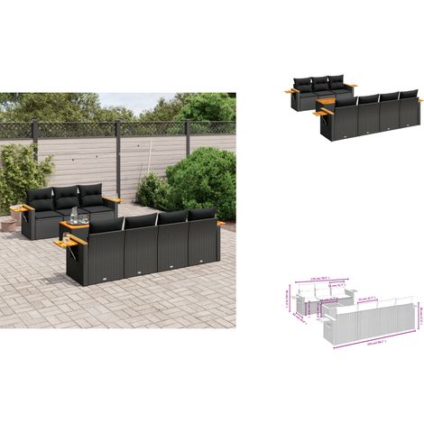 The Living Store Salon de jardin 8 pcs avec coussins noir résine tressée - Canapé de jardin (1/3)