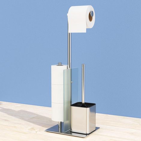 1 - Porte-Papier Toilette Sur Pied - Brosse WC - Étagère En Verre - Stockage 3 Rouleaux - Acier Inoxydable - Salle De Bain - Argent - 25x15x60cm