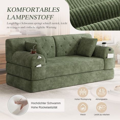 Canapé-lit 2 places, sofa en velours côtelé avec dossier haut, cadre en métal, mousse haute densité, 2 porte-gobelets et 4 poches latérales, idéal salon et petits espaces, vert (1/5)