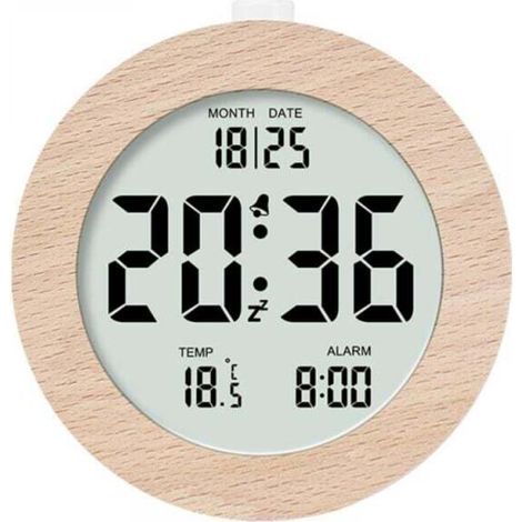 Round Wooden Digital Alarm Clock, Morning Alarm Clock, LCD Digital Clock with Date, Temperature, Snooze, and Backlight Display, Battery Powered Digital Clock (1/4)