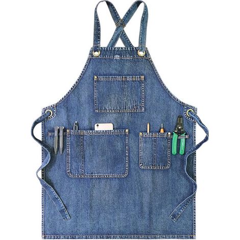 Delantal, Delantal de mezclilla, con prácticos bolsillos, artesanos, baristas, parrilleros, para hombres y mujeres, Azul (1/5)