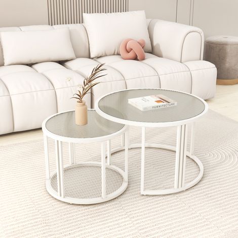 Lot de 2 tables d'appoint rondes - Plaque de verre à vagues d'eau, Peinture blanc crème- 70/50 (1/5)