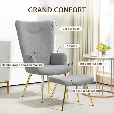 Ensemble fauteuil repose-pieds bouclette gris métal doré dossier haut confort