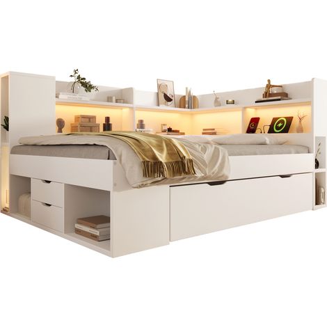 Lit 140x200 cm blanc avec LED, ports USB et Type-C, rangements, tiroirs et matelas inclus, en bois, idéal pour chambre moderne CHICFURN (1/5)