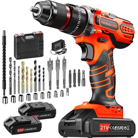 21V Cordless Impact Drill, Cordless Drill Driver with 2 Batteries of 2.0Ah, Maximum Torque 45Nm, 2 Speed, 25+3 Torque, 29 Pieces Accessory Kit, LED Lamp (1/5)