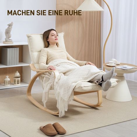 Fauteuil à bascule capitonné, siège de détente avec accoudoirs et cadre en acier, pour séjour, chambre, blanc cassé (1/4)