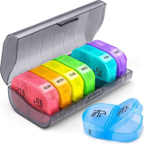 Tragbare Aufbewahrungsbox, 7 Tage, morgens und abends, eine Box, 2 Taschen, feuchtigkeitsbeständige tragbare Aufbewahrungsbox für Handtaschen oder Hosentaschen, zur Organisation (Regenbogen) (1/3)