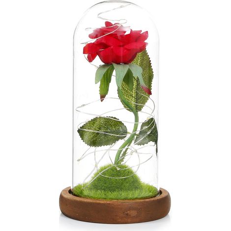 Rose artificielle avec lumières LED sous dôme en verre sur socle en bois (25 cm) (1/5)