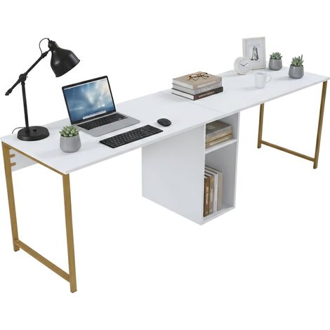 Dmora - Scrivania Violet, Scrittoio multiuso, Tavolo per ufficio porta PC, Piano di lavoro, 240x60 h74 cm, Bianco e Oro