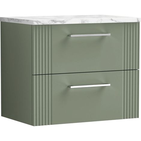 Belvide Partial Fluted 2 Drawer Wall Hung Vanity Unit with Carrera Marble Laminate Worktop - 600mm - Satin Green