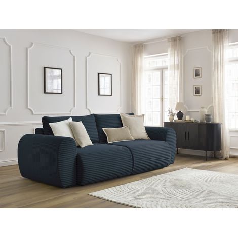 BOBOCHIC - Canapé droit convertible coffre LUCIEN gros côtelé doux Bleu foncé (1/5)