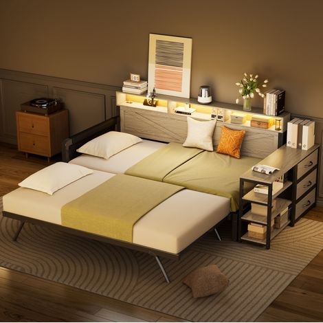DESVIAE Lit banquette gigogne 90 x 200 cm avec rangement 3 tiroirs étagères tête de lit LED ports USB noir (1/5)