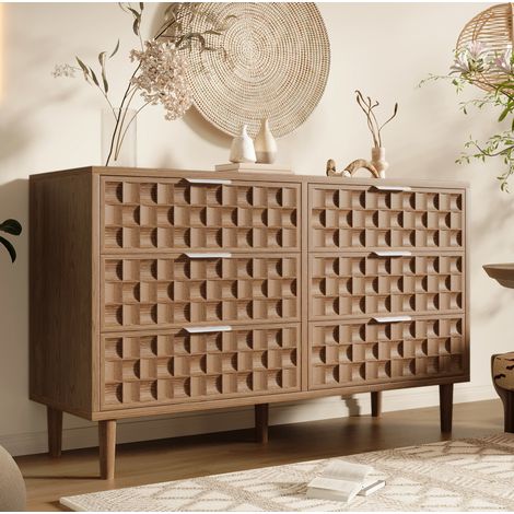Credenza 120 x 37 x 77 cm con 6 cassetti, MDF color rovere, con maniglie in metallo HAVRYA (1/5)