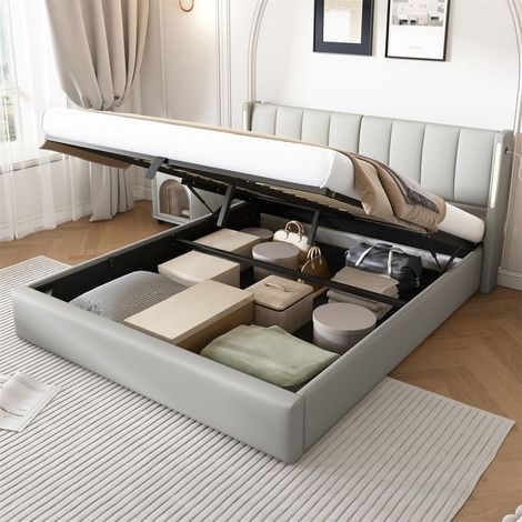Lit - GUTENT - 140 x 200 cm - PU gris - 2 places - Dossier inclinable 3 positions (1/5)